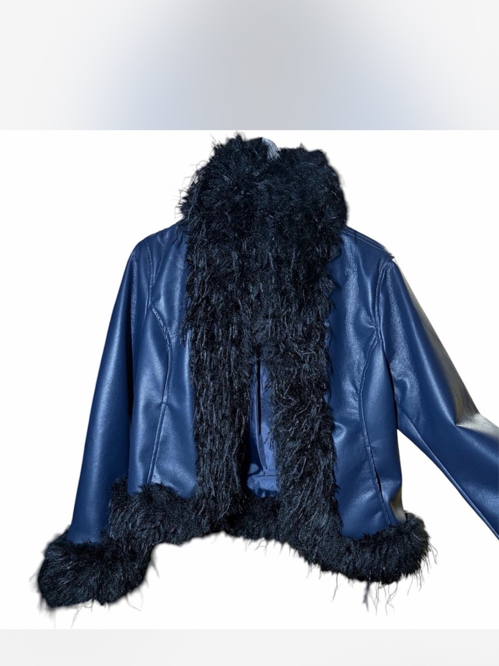 Kimchi Blue Navy Faux Leather Jacket with Faux Fur Trim